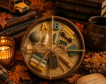 May include: A round wooden bowl filled with wax, featuring embedded school-themed wax shapes including letters A and B, a globe, a school bus, a calculator charm, and a stack of books labeled Mathematics, Reading, History, and Science.
