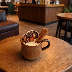 May include: A brown wooden mug filled with a creamy white beverage, garnished with a dried orange slice, two cinnamon sticks, a star anise, and small red berries. The mug has a curved handle and a smooth, natural wood grain texture throughout.