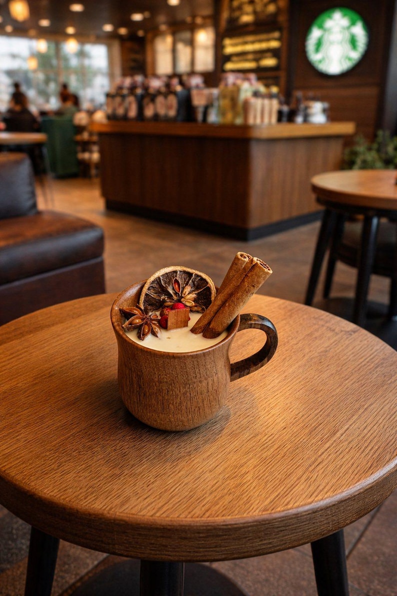 May include: A brown wooden mug filled with a creamy white beverage, garnished with a dried orange slice, two cinnamon sticks, a star anise, and small red berries. The mug has a curved handle and a smooth, natural wood grain texture throughout.