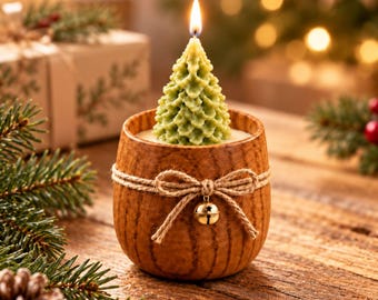 Christmas Tree Candle in Wooden Bowl – Handmade Soy Wax Candle, Rustic Christmas Decor, Mini Christmas Tree, Farmhouse Holiday Gift