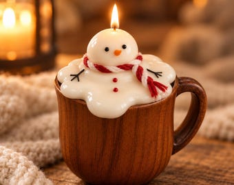 Snowman Decorative Candle in Wooden Mug | Christmas Hot Cocoa Decor | Handmade Winter Gift