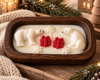 Polar Bear Christmas Candle in Wooden Bowl – Handmade Soy Wax Candle, Winter Wonderland Decor, Rustic Holiday Gift
