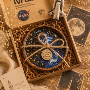 以下が含まれることがあります： 星空のデザインの木製コースターで、ひもで結ばれており、「I love you to the Moon & Back」と書かれた小さなタグが付いています。 コースターはNASAのブランドが入った箱に入っており、おもちゃのスペースシャトルと宇宙をテーマにしたイラストが描かれたカードが付いています。