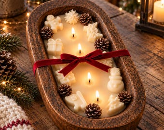 Christmas Dough Bowl Candle – 4 Wick Soy Wax Candle with Snowman, Gifts & Pinecones, Rustic Christmas Table Centerpiece, Holiday Decor