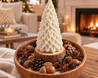 White Christmas Tree Candle, Wooden Bowl Candle, Neutral Christmas Decor, Rustic Woodland Centerpiece, Holiday Table Decor, Handmade Gift