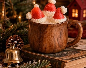 Santa Hats Christmas Candle in Wooden Mug – Handmade Soy Wax Candle, Rustic Holiday Decor, Christmas Gift