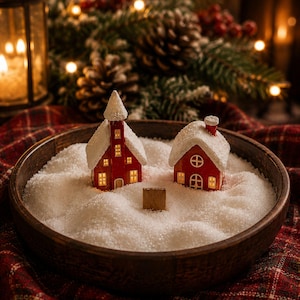 以下が含まれることがあります： 白い人工雪で満たされた丸い木製のボウルの中に、雪に覆われた屋根を持つ2つの赤いミニチュアの家があります。家には照明が灯った窓があり、中央にある小さな長方形の木製ブロックの横に配置されています。