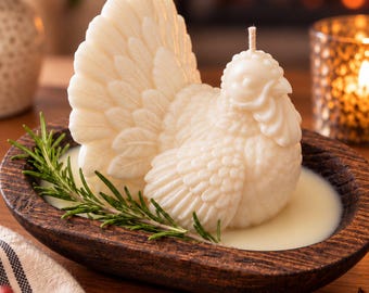 Thanksgiving Turkey Candle, Fall Table Centerpiece, Decorative Soy Candle in Wooden Bowl, Autumn Home Decor, Hostess Gift