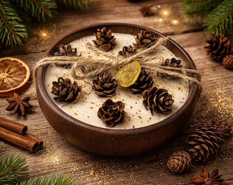 Rustic Wooden Bowl Candle – Handmade Decorative Candle with Forest Elements, Pendant & Glitter – Perfect Gift for Nature Lovers