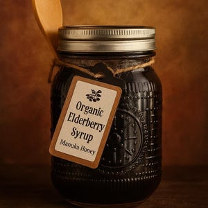 Peut inclure: Un pot de sirop d'aîné biologique avec une cuillère en bois sur le couvercle. Le pot a un couvercle en métal et une étiquette qui dit "Organic Elderberry Syrup Manuka Honey". Le pot est sombre et le fond est brun chaud.
