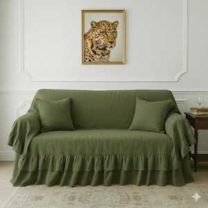 Linen Ruffled Couch Cover. Washed linen Sofa cover. Softened Slipcover. Extra large ruffles on three Side. Various Color and Size Available.