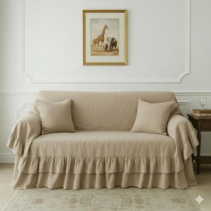 Double Ruffle Sofa Cover. Softened linen Couch cover. linen Slipcover. Extra large ruffles on three Side. Various Color and Size Available.