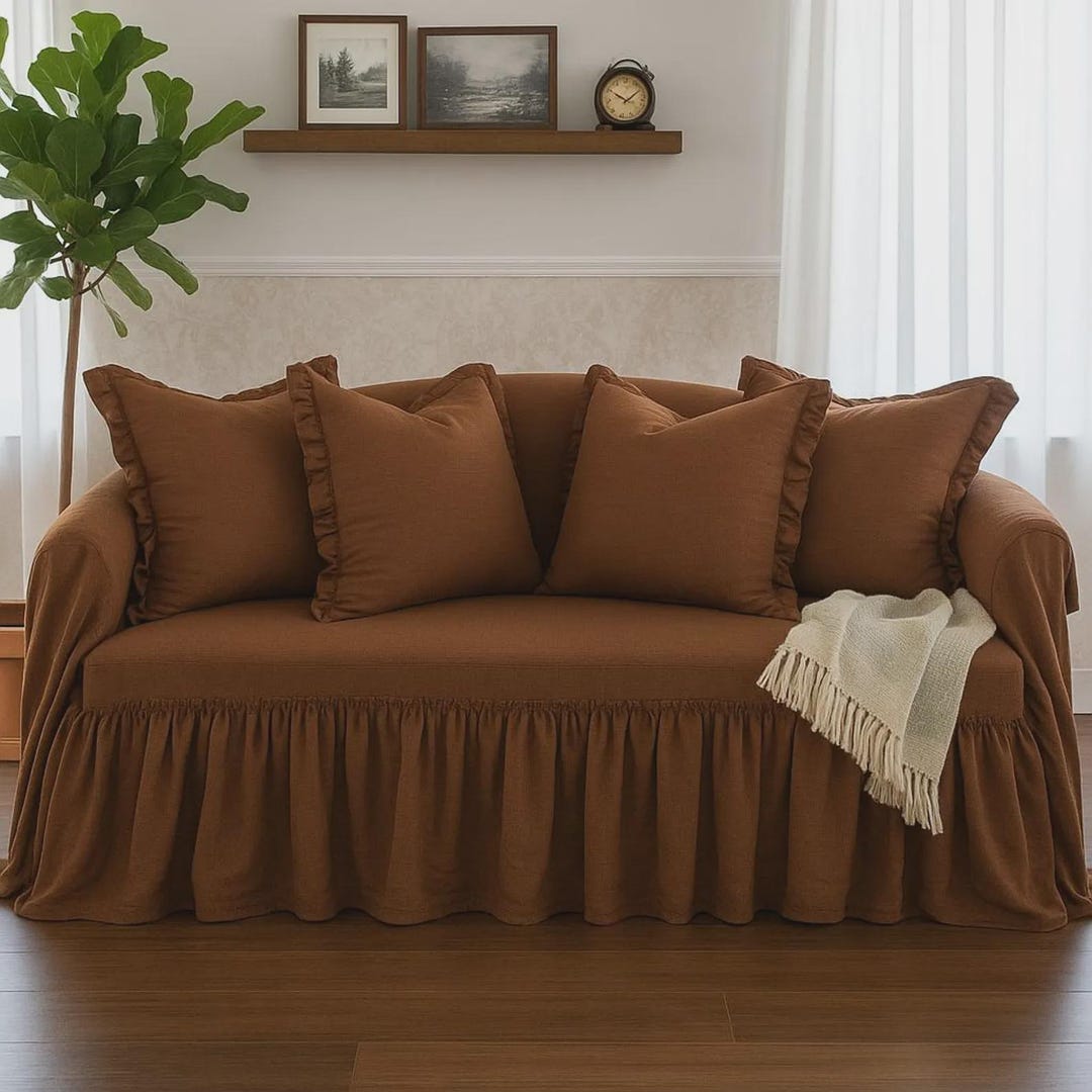 Sofa Inflable Ruffles Linen Ruffled Sofa Cover. Washed Linen Couch Cover. Softened Slipcover ...