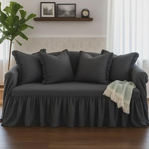 May include: A dark gray sofa with matching throw pillows and a ruffled skirt. A light green blanket with fringe is draped over the arm. The sofa is in a well-lit room with a plant and artwork in the background.