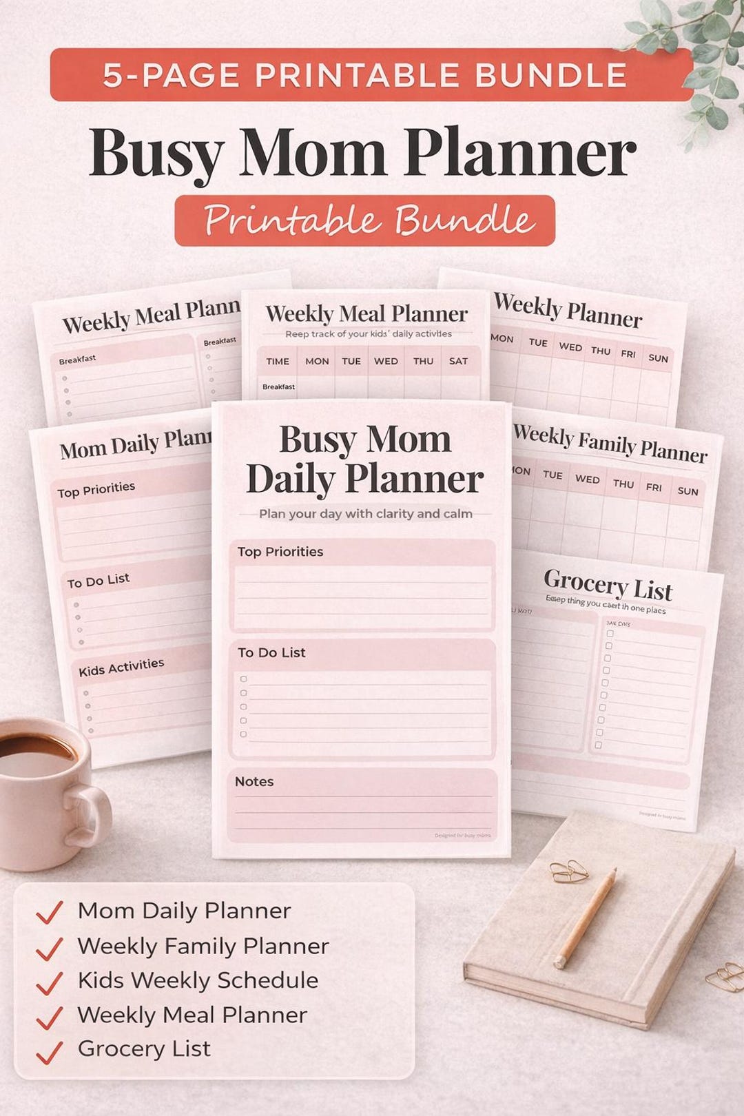 Busy Mom Planner Printable Bundle, Daily Weekly Meal Planner, Family ...