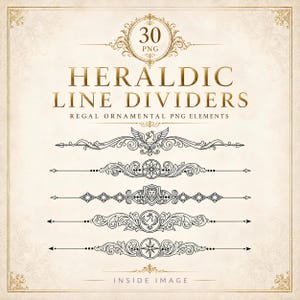 Puede incluir: Fondo beige con texto dorado y elementos decorativos. El texto dice "HERALDIC LINE DIVIDERS" y "REGAL ORNAMENTAL PNG ELEMENTS". Debajo, seis divisores de línea negros ornamentados con diseños heráldicos.