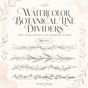 May include: A digital collection titled Watercolor Botanical Line Dividers featuring 50 PNG files. The image displays four distinct black ink hand-drawn floral line dividers with leaves, berries, and wheat stalks against a cream background.