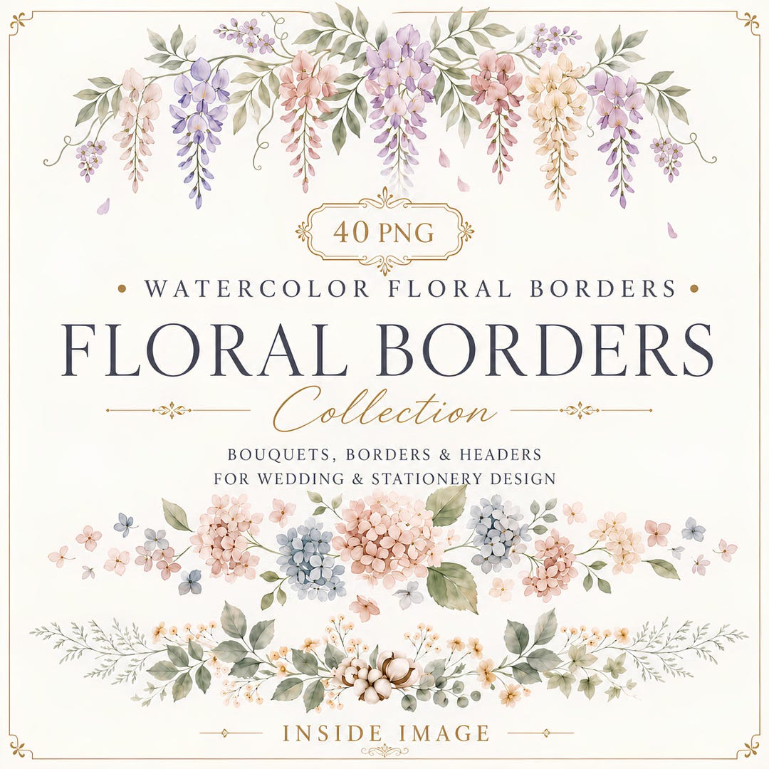 Watercolor Floral Borders PNG, 40 Botanical Garland Divider Clipart ...
