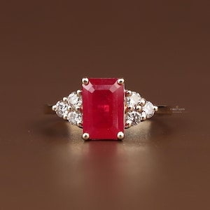 2ct Emerald Cut Lab Ruby Engagement Ring | Trilogy Diamond Side Stones | 14k Yellow Gold | Luxury Heirloom Promise Ring | Artisan Jewelry