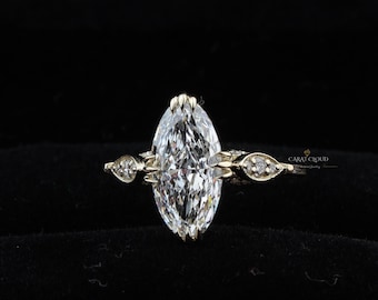 Modified Moval Cut Lab Grown Diamond Ring | Vintage Crown Marquise Oval Band | Bridal Fine Jewelry
