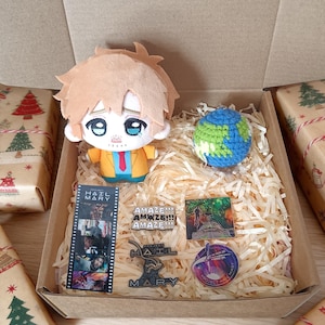 May include: A gift box containing a plush doll with light brown hair, a crocheted globe, a vertical film strip bookmark labeled HAIL MARY, and four pins featuring the text AMAZE, HAIL MARY, and space-themed illustrations on a bed of wood shavings.