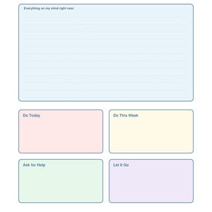 May include: A printable planner page titled "Brain Dump + Sort." It features a large lined box for brainstorming, along with four coloured boxes labelled "Do Today," "Do This Week," "Ask for Help," and "Let It Go."