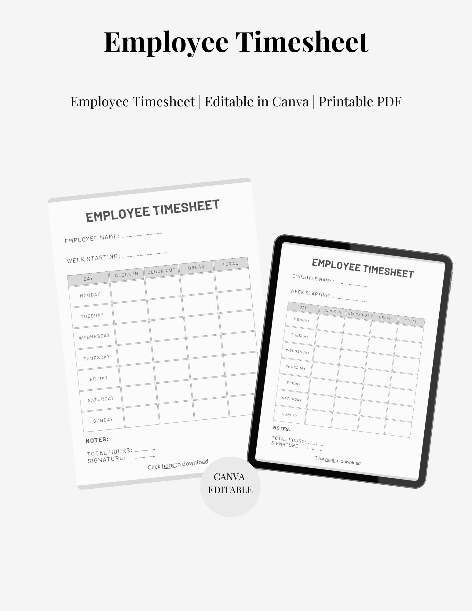 Simple Excel Employee Timesheet | Editable Attendance Tracker (digital ...