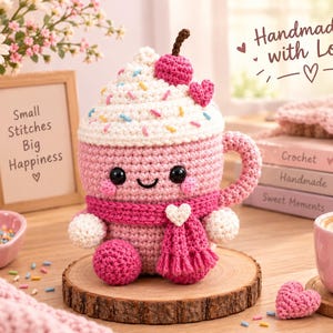Kawaii virkmönster för kaffekopp, rosa vispad grädde-amigurumi (PDF-nedladdning)