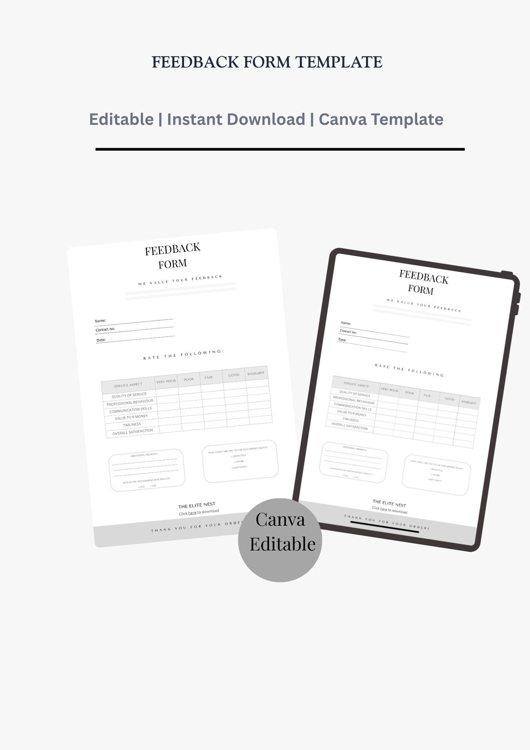 Editable Feedback Form Template | Customer Review Sheet (digital ...