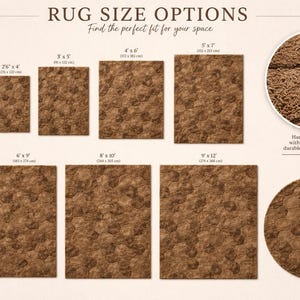 May include: A variety of brown rugs in different sizes, including a runner, rectangular, and round options. The image displays rug size options with dimensions in feet and inches, such as 2' x 3', 4' x 6', and 9' x 12'. The rugs have a hand-tufted texture.