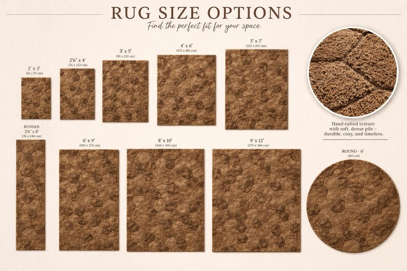 May include: A variety of brown rugs in different sizes, including a runner, rectangular, and round options. The image displays rug size options with dimensions in feet and inches, such as 2' x 3', 4' x 6', and 9' x 12'. The rugs have a hand-tufted texture.