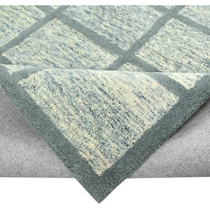 Hand-Tufted Wool Rug, Urban Geometric Grid Pattern, Blue Cream Abstract Decor