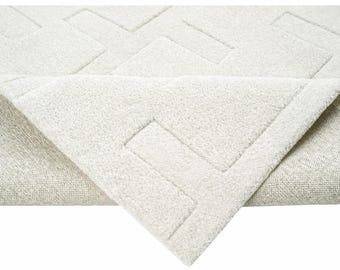Urban Geometric Milk white Wool Rug, Hand Tufted Modern White Carpet