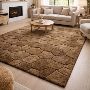 Hand Tufted Wool Rug, Soft Taupe Brown Geometric Modern Carpet image 3