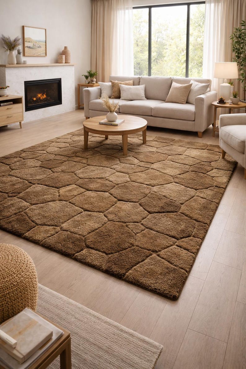Hand Tufted Wool Rug, Soft Taupe Brown Geometric Modern Carpet image 3