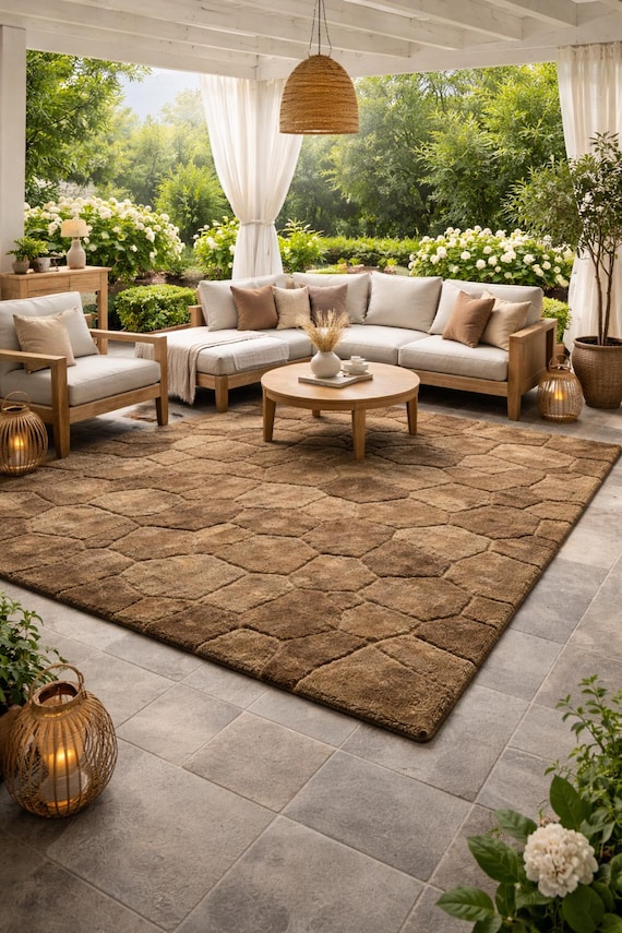 Hand Tufted Wool Rug, Soft Taupe Brown Geometric Modern Carpet