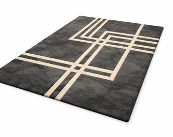 Urban Geometric Ash Gray Wool Rug, Hand Tufted Modern Gray Carpet