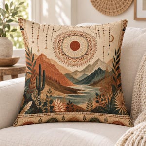 Kudde med konstlinne i ökensolnedgång | Boho bergskaktusscen | Mandala-kudde med inlägg