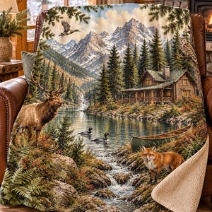 Manta Sherpa de cabaña de montaña / Manta rústica de vida silvestre para cabaña / Manta de lago con alces, zorros y búhos / Decoración de bosque alpino / Regalo acogedor para cabaña
