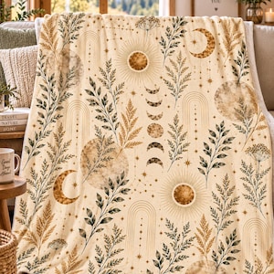 Couverture en velours velours bohème céleste | Plaid soleil et lune à motifs botaniques | Couverture double face en microfibre | Décoration bohème neutre pour la maison