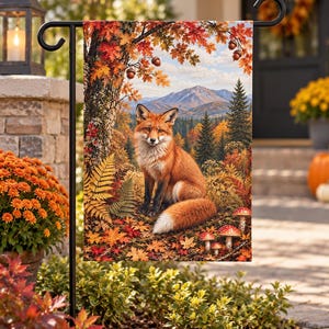 Bandera de jardín "Hola Otoño" / Decoración de jardín otoñal con zorro del bosque / Bandera rústica de otoño para exteriores / Decoración vintage de porche con temática de bosque