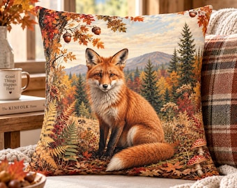 Red Fox in Autumn Forest Faux Linen Pillow | Woodland Fox Decorative Pillow | Country Cottage Fal Decor | Insert Included