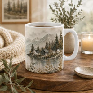Peut inclure: Un mug en céramique blanche orné d'une illustration aquarelle représentant un paysage de montagne serein. La scène montre un lac calme reflétant des sommets enneigés, des forêts de conifères denses et un petit groupe de chalets rustiques.