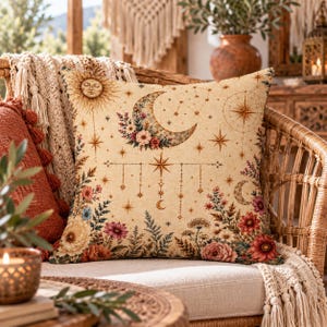 Celestial Boho Floral Pillow | Vintage Moon and Sun Throw Pillow | Boho Astrology Decor | Cottagecore Botanical Cushion | Faux Linen Pillow