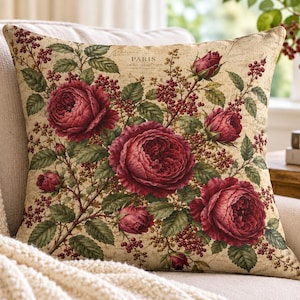 Sierkussen met bordeauxrode rozen | Vintage bloemenkussen | Engelse tuindecoratie | Donkerrood bloemenkussen | Kussen van imitatie linnen in cottagecore-stijl