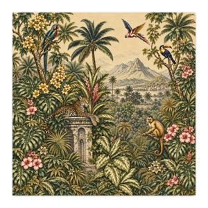 Vintage Tropical Jungle Cotton Pima Fabric | Exotic Leopard Parrot Botanical Sewing Fabric | Tropical Palm Floral Fabric by the Yard