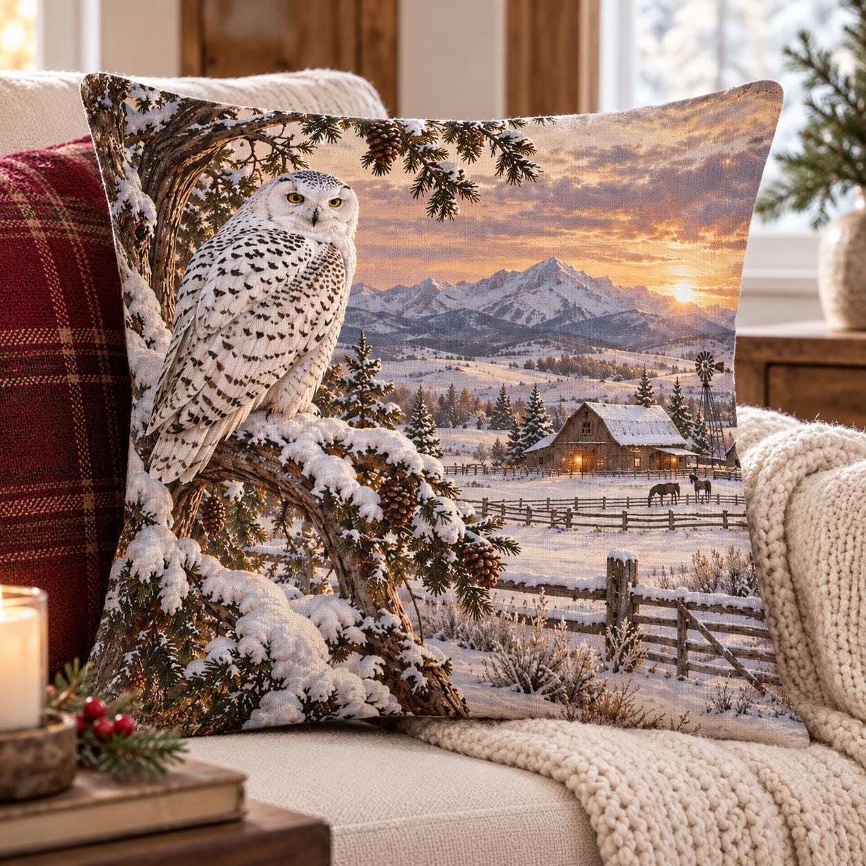 Snowy Owl Winter Pillow | Western Ranch Christmas Decor | Mountain Lodge Pillow | Rustic Farmhouse W