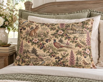 English Country Pillow Sham | Cottage Garden Bedding | Pheasant Hare Floral Sham | Vintage Botanical Country Decor