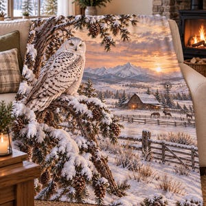 Peut inclure: Un plaid doux illustrant un paysage hivernal enneigé avec un hibou blanc perché sur une branche de pin. La scène comprend une grange rustique, une clôture en bois, des chevaux dans un champ et des montagnes enneigées sous un ciel au coucher du soleil.