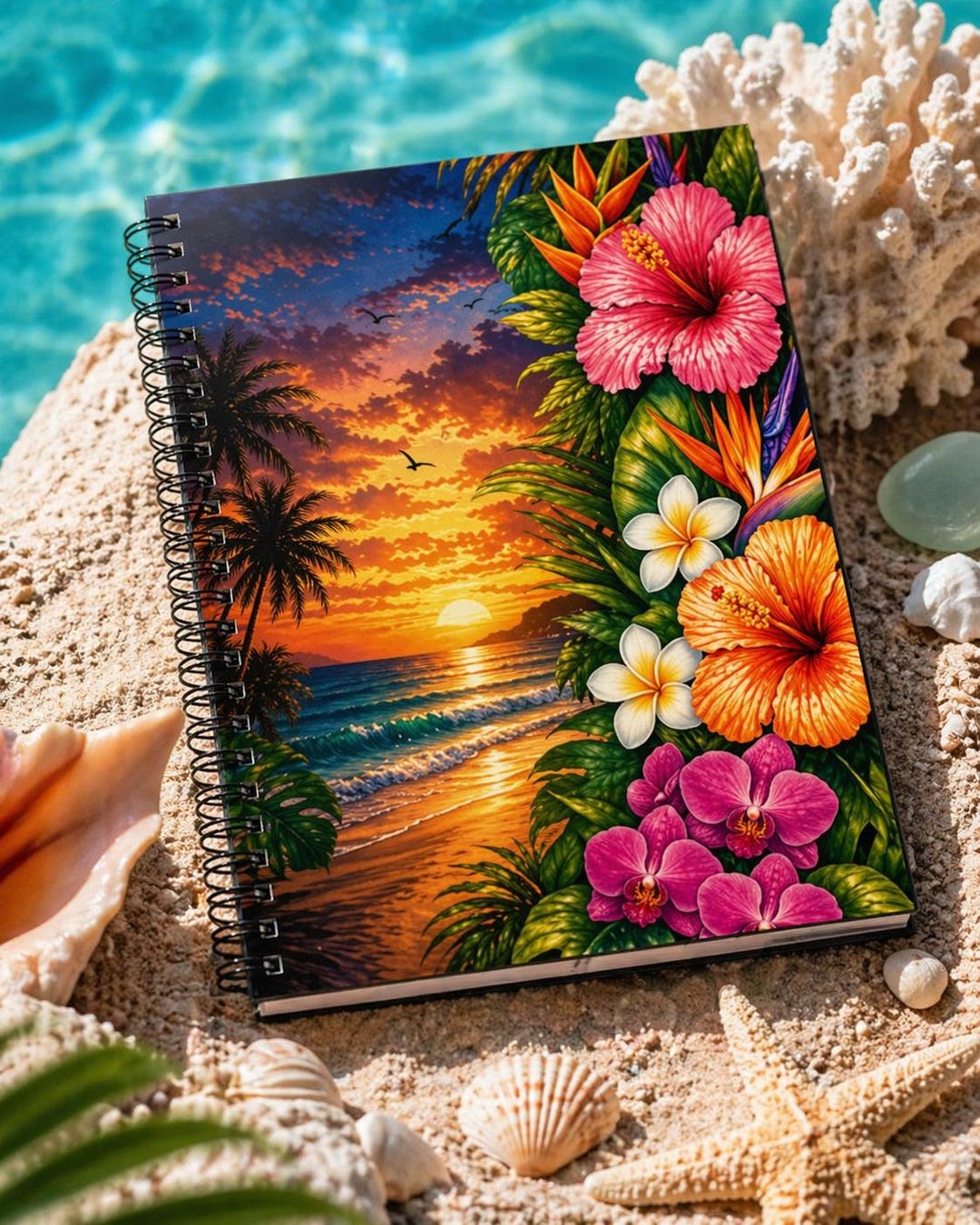 Tropical Sunset Spiral Notebook | 6x8 Beach Journal | Ocean Floral ...